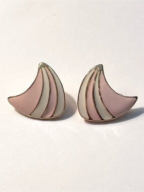 Vintage Pink and White Enamel Crescent Stud Earrings